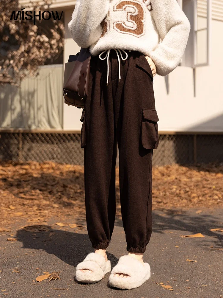 

MISHOW Casual Knitted Pants Women 2022 Autumn Winter Fleece Thicken Elastic Waist Ankle-Length Sweatpants Cargo Pants MXB44K0603