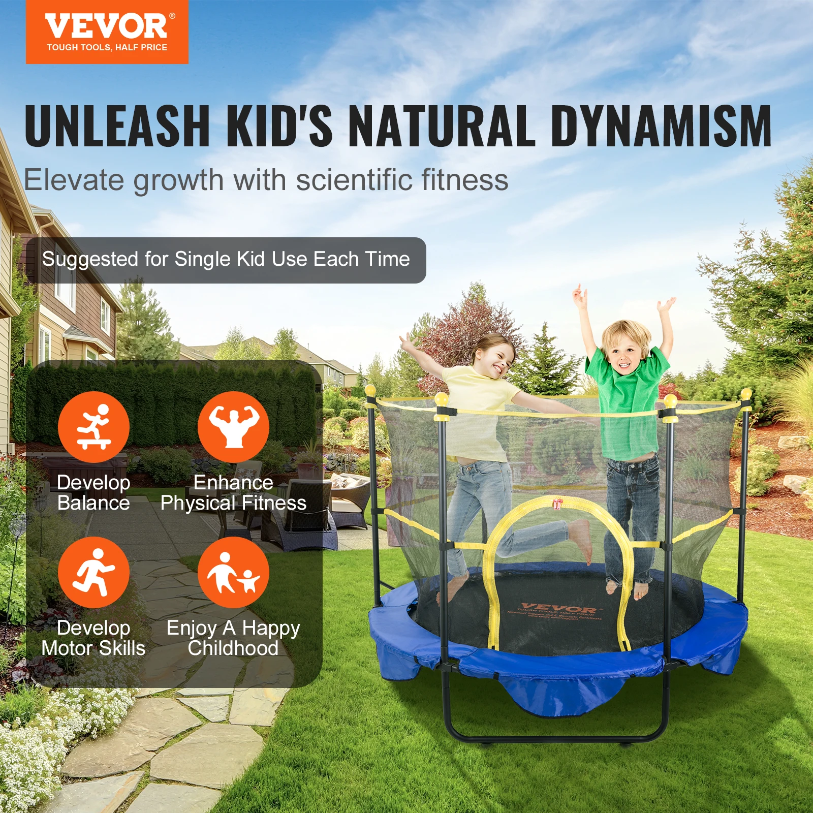 Trampoline 60" 5FT For Kids Indoor Outdoor Trampoline With Safety Enclosure Net Basketball Hoop and Ocean Balls For Kids