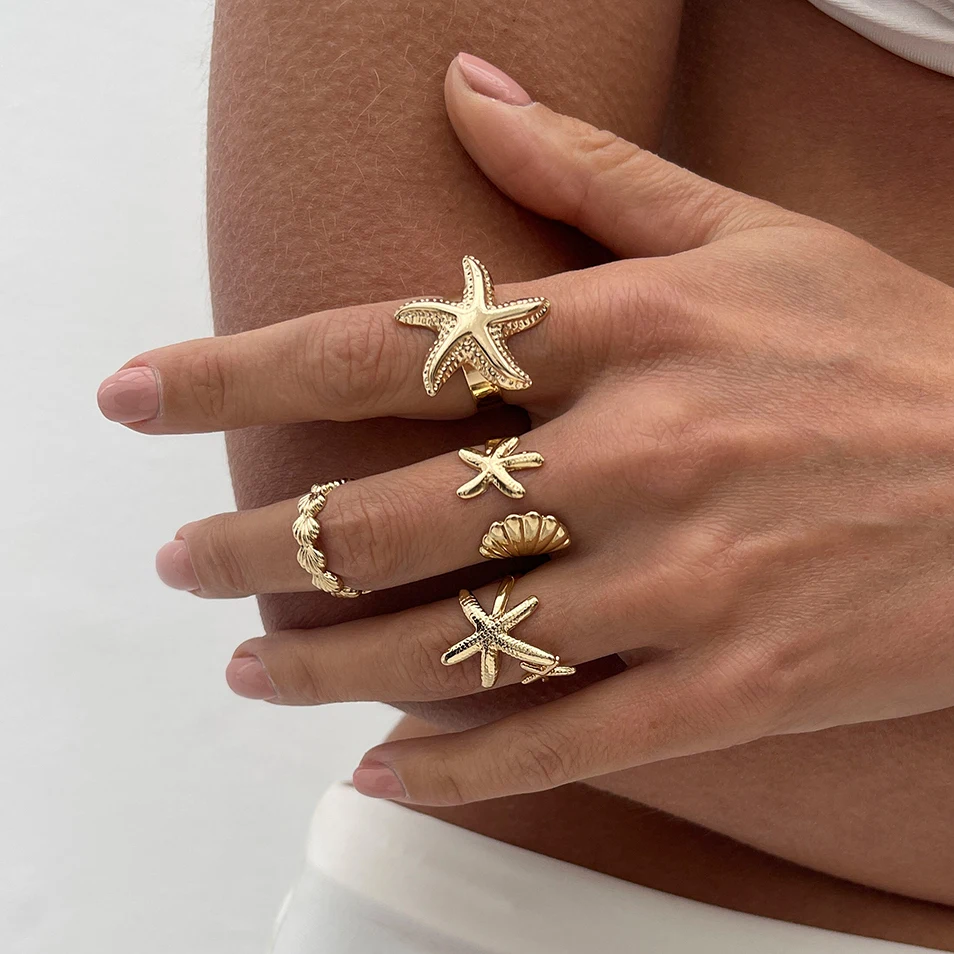 SHIXIN 4Pcs/Set Starfish Scallop Adjustable Open Rings for Women Trendy Geometric Gold Color Ring Summer Beach Jewelry Accessory