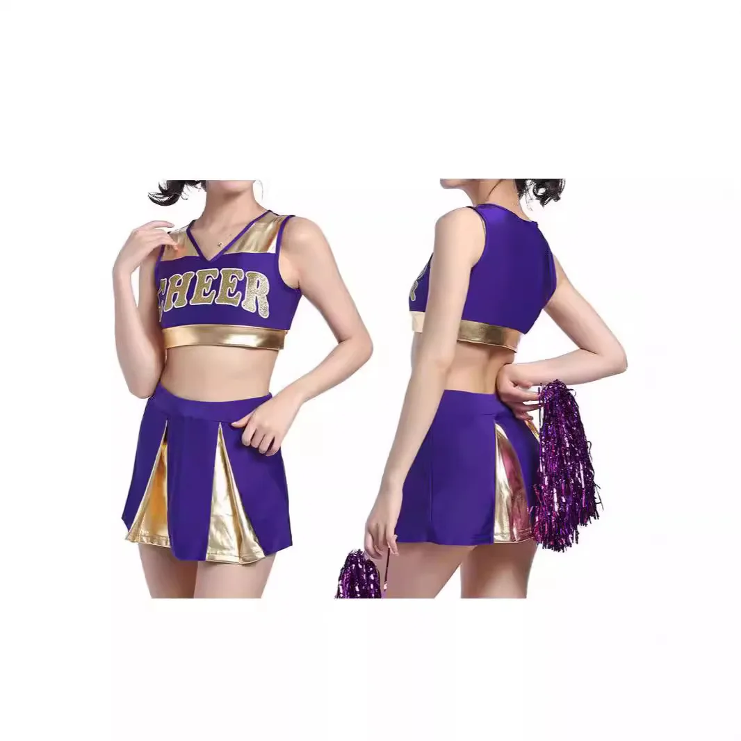 Cheerleading Costume V-neck Sleeveless Waist Revealing Top High Waisted A-line Short Skirt Color Blocked Performance Suit Set