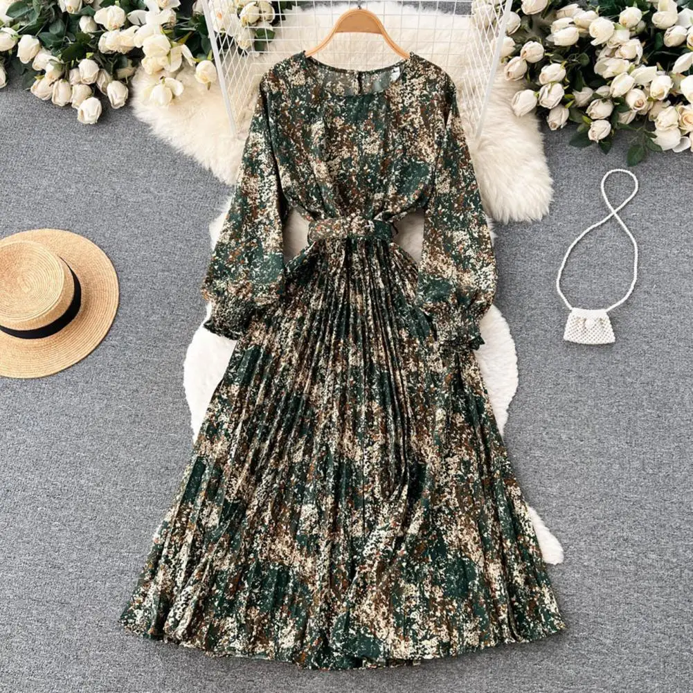 

Vintage Floral Pleated Dress Retro Print Maxi Dress with Lantern Sleeves High Waist Belt Women's A-line Loose Hem Fall Spring