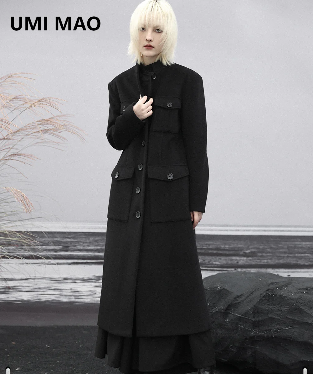 

UMI MAO New Chinese Stand Neck Woolen Coat Retro Waist Improvement Zhongshan Coat Female Overcoat Femme Y2K
