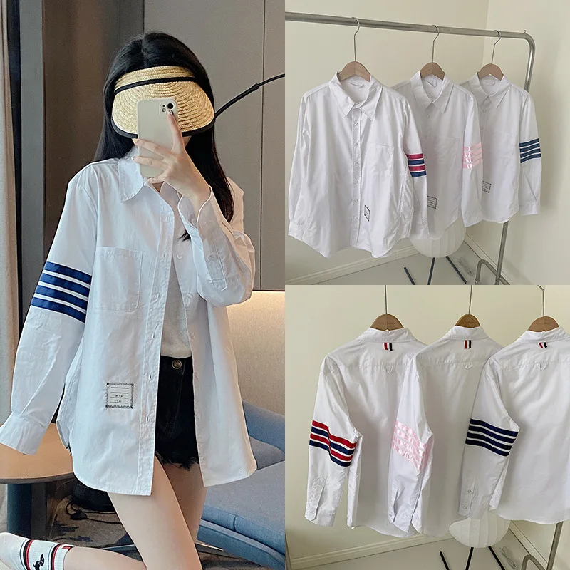 

TB Four-bar White Long-sleeved Shirt Women's Loose Versatile Cotton Shirt Jacket Sunscreen Clothing Trendy Spring and Summer