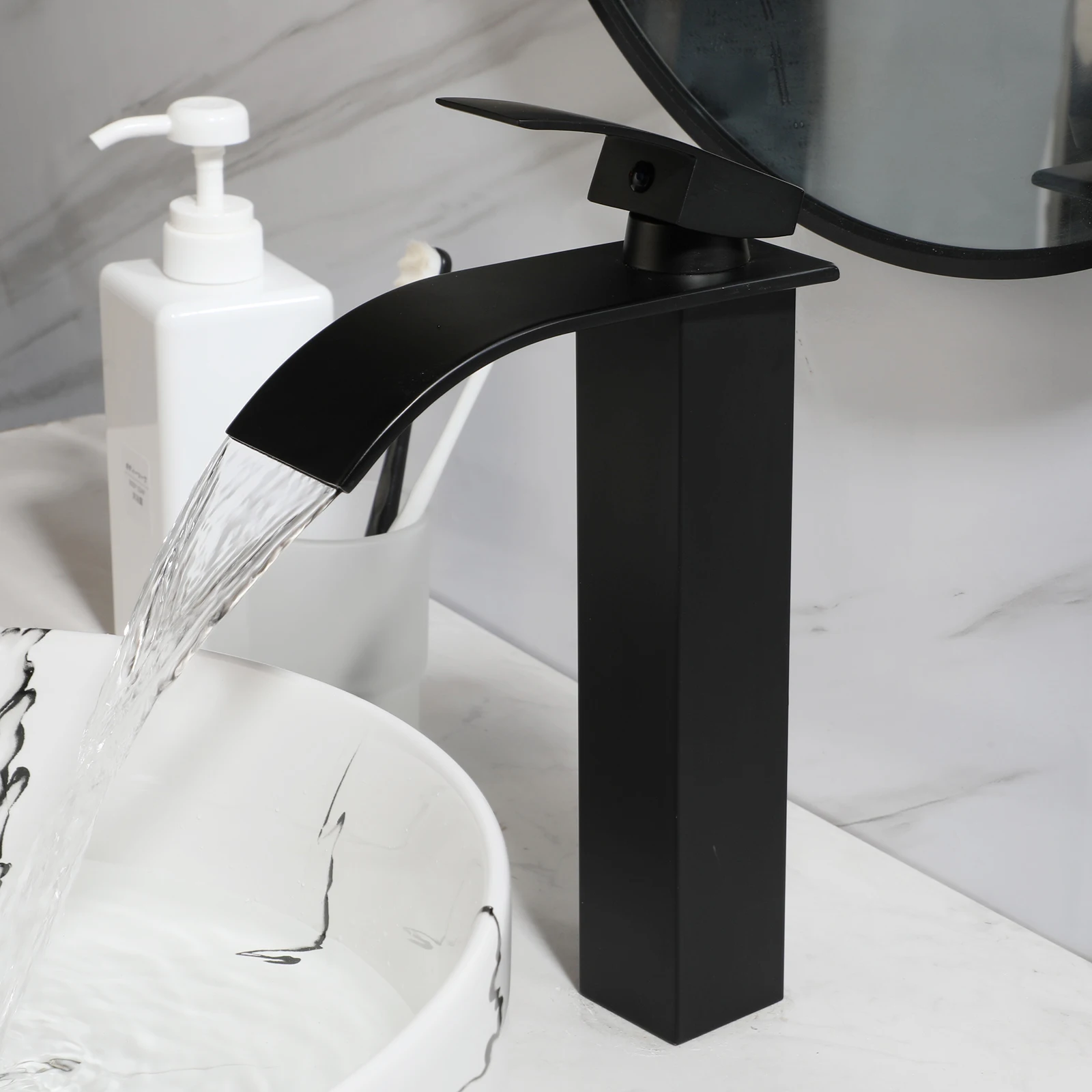 ZAPPO Bathroom Vessel Sink 14 Inch Above Counter Ceramic Vessel Sink with Faucet and Drain Combo Marbling Bathroom Sinks Round 4
