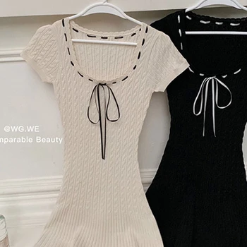 Summer Korean Fashion Sexy Short Sleeve Gyaru Knit U-Neck Dress Women 2023 Bodycon Slim Evening Frocks Party Design One-Piece