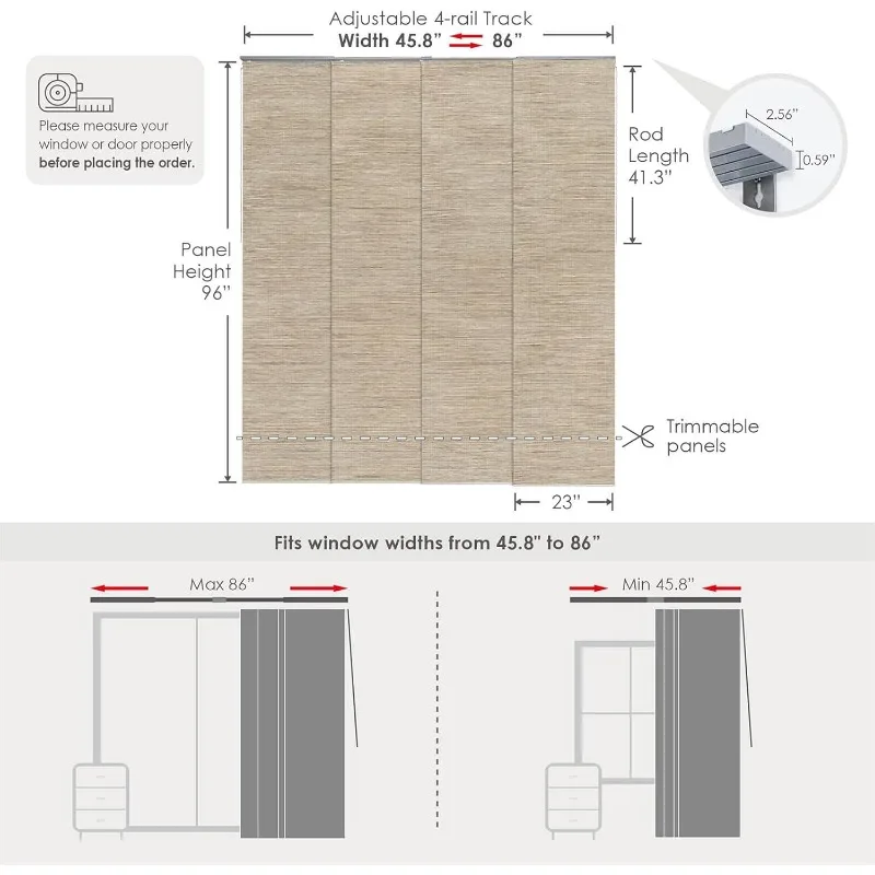 GoDear Design 99.99% Blackout Adjustable Sliding Panel Track Blinds forTrimmable Natural Woven Panel, Bali Cottages 6