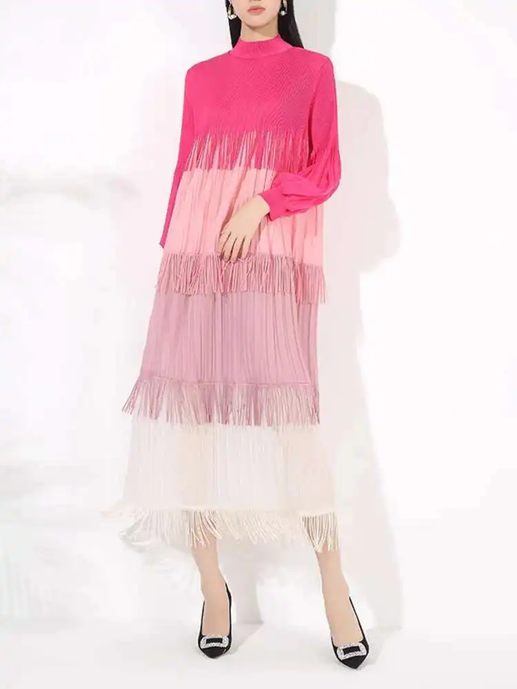 LANMREM 2025 Spring Pleated Long Dress For Women Contrast Color Tassel Design A-line Dresses Elegant Party Clothing 2VV2055 - Image 2