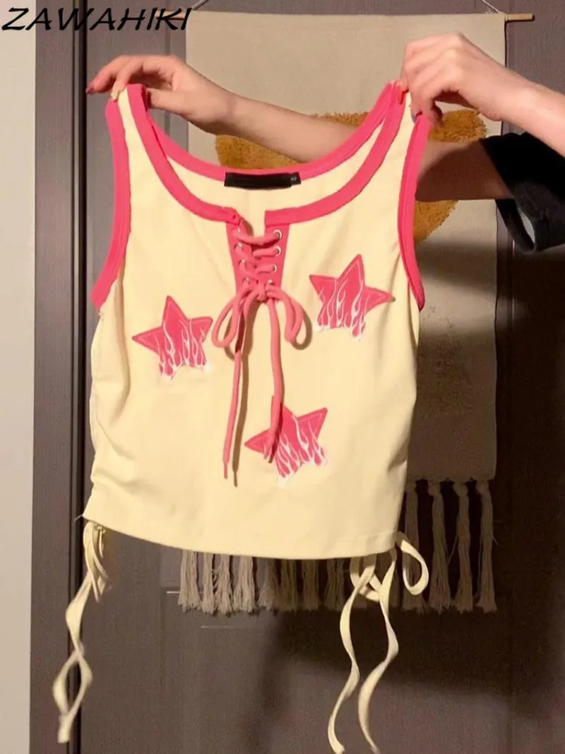 

Женский укороченный топ zawхиты, летние лоскутные Топы контрастных цветов с принтом звезд, модные плиссированные повседневные майки без рукавов