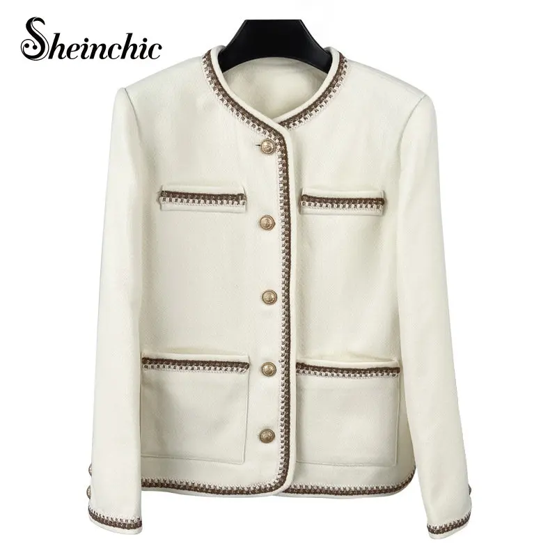 

Vintage Gold Buttons Winter Coat Women 2022 Luxury Designers White Tweed Jacket Korean Style Manteau Femme Hiver Outwear