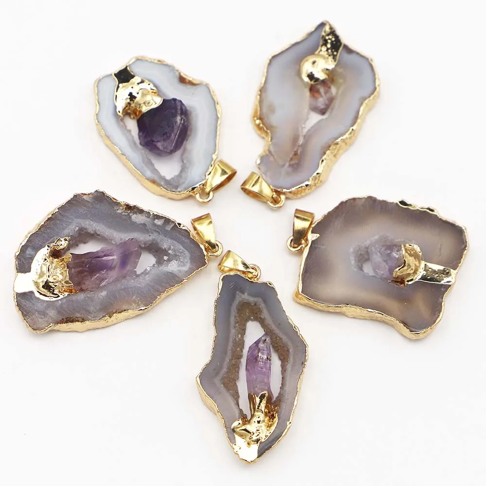 

New Natural Stone Irregular Agate Druzy Amethyst Necklace Pendant Charm Energy Healing Gemstone Chakra Halo Fashion Jewelry 4Pcs