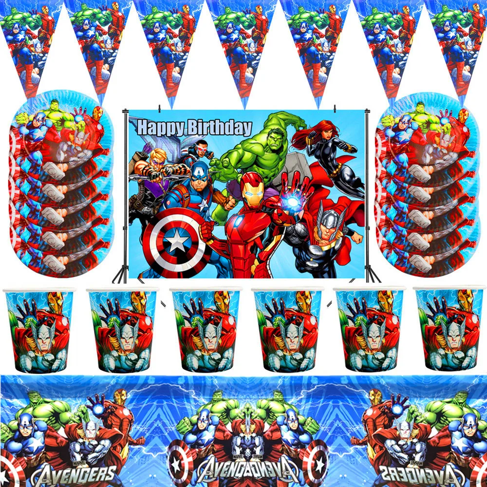 

Avengers SuperHero Party Supplies Decorations Kids Birthday Disposable Tableware Tablecloth Superhero Party Theme Favors Boy Set