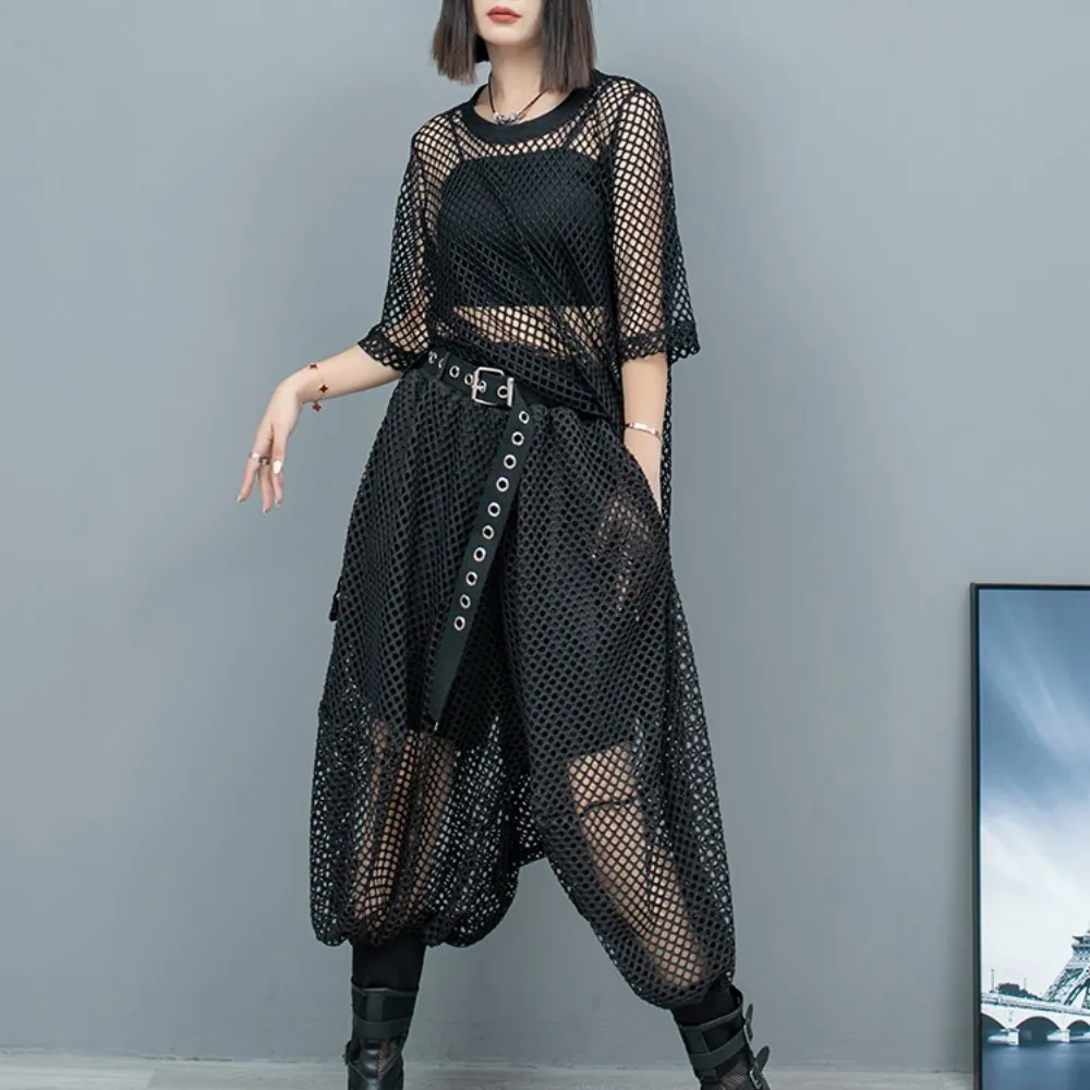 

2024 Summer New Trendy Cool Hollowed Out Mesh Round Neck Short Sleeved Top + Small Leg Lantern Pants Two-piece Set Women LX993