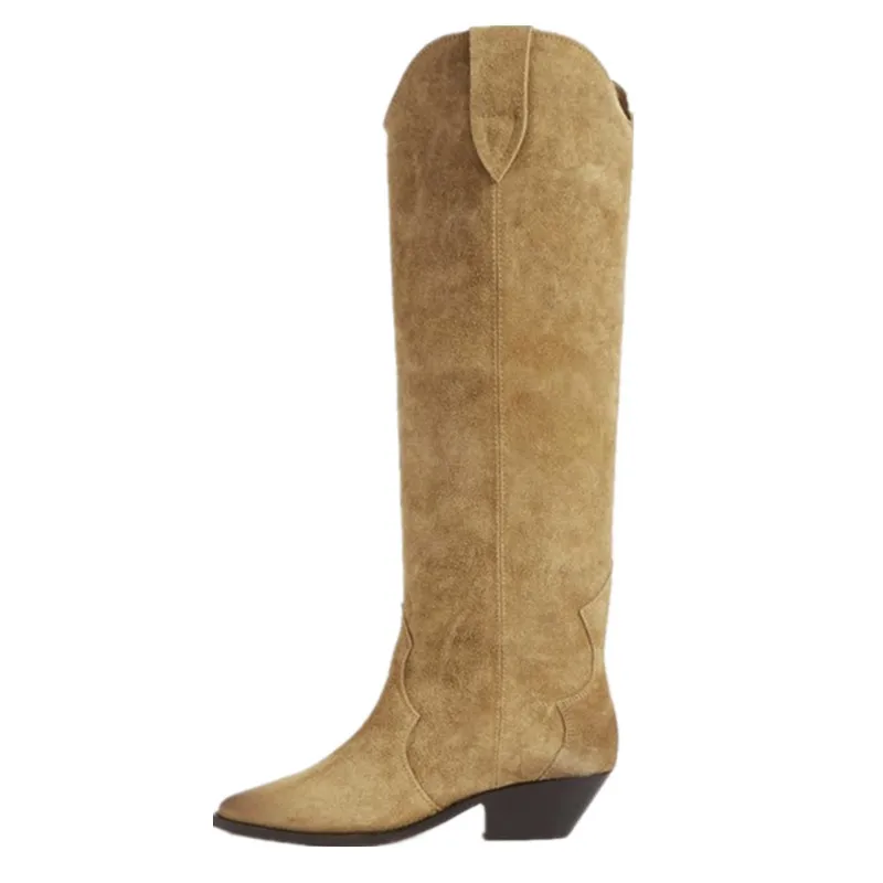 

Women Knight Boots Apricot Cow Suede Leather Women's High Boots High-quality Slip On Chunky Heels Female Shoes Botas De Mujer