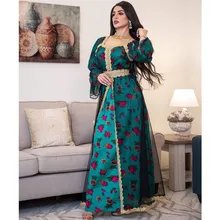 

Muslim Dress Printed Stitched Gold Silk Dress Muslim Party Clothing Abaya Dubai Arab Middle East Ethnic Style Long Sleeve Fall