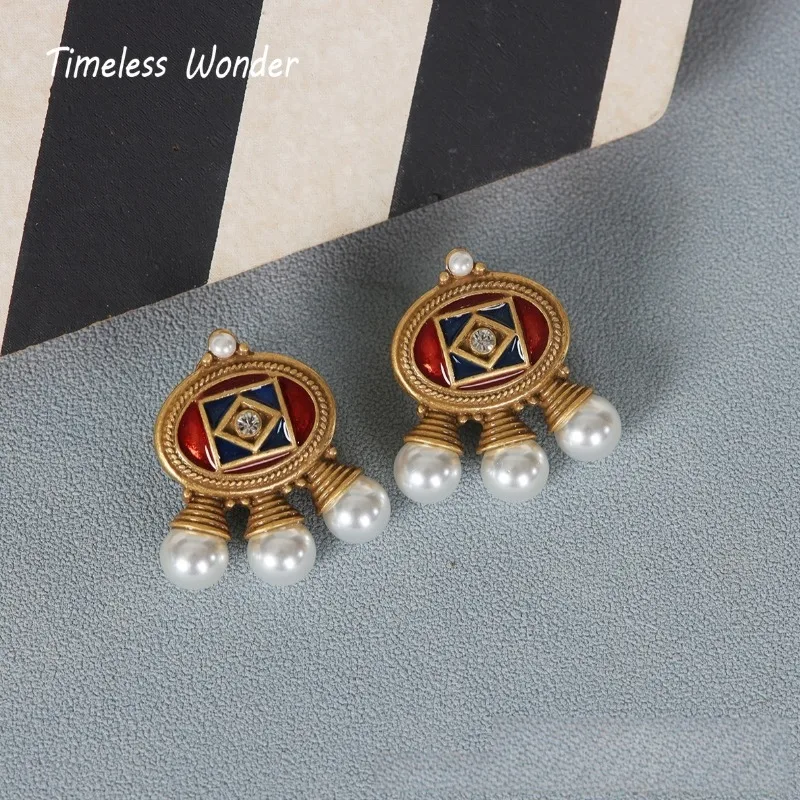 

Timeless Wonder Retro Enamel Geo Pearl Stud Earrings for Women Designer Jewelry Goth Runway Vintage Gift Top Rare Trendy 2239