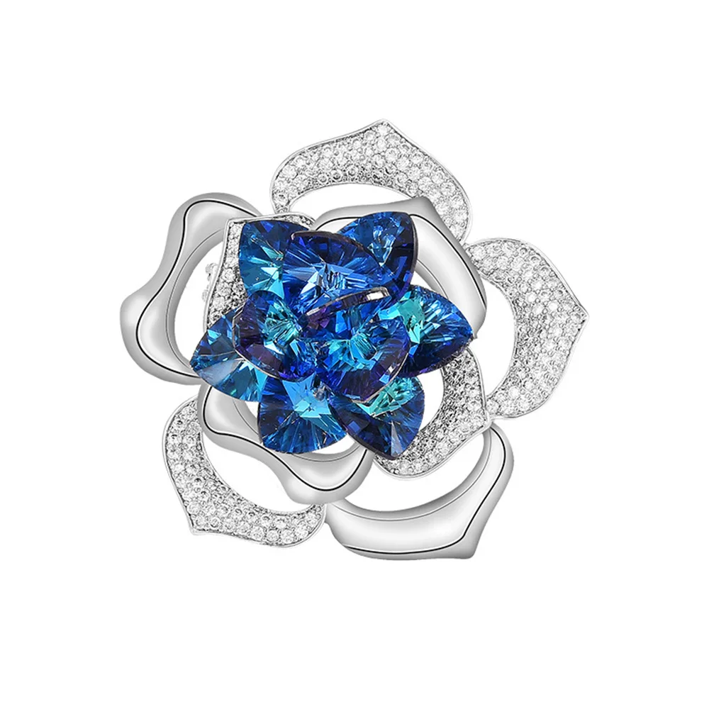 Crystal Flower Brooch Pins Exquisite Blue Rose Brooches Elegant Badge Jewelry Fashion Wedding Party Corsage Pins Gift for Women