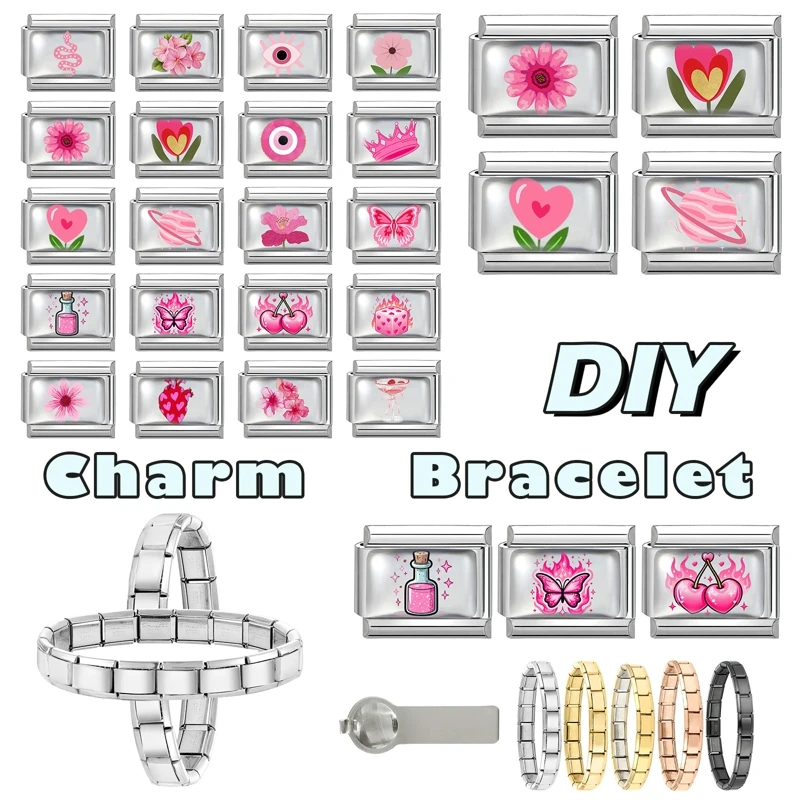 Pink Planet Flower Butterfly Italian Charm Bracelet