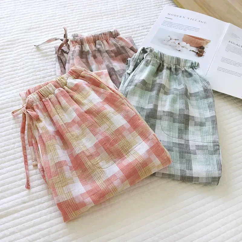 

For Wear Lounge Women's Pajama Sleepwear Spring Pants New Summer Women Plaid Drawstring Home Cotton Pure Trousers