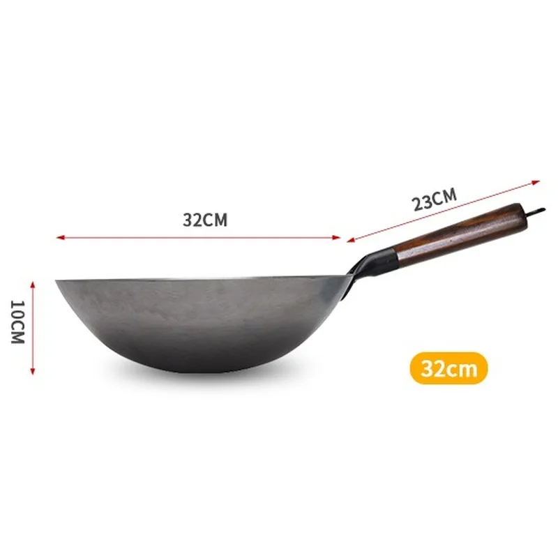 14 inch Flat Craft Wok Hand Hammered Carbon Steel Pow Wok with Wooden