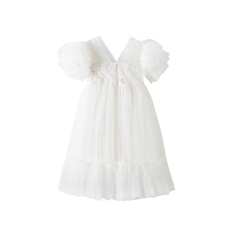 Summer Hot Sale Girls Champagne White Wedding Party Dresses Fashion Mesh Ruffle Sleeve Costume for Baby 4 5 7 9 11Years Old