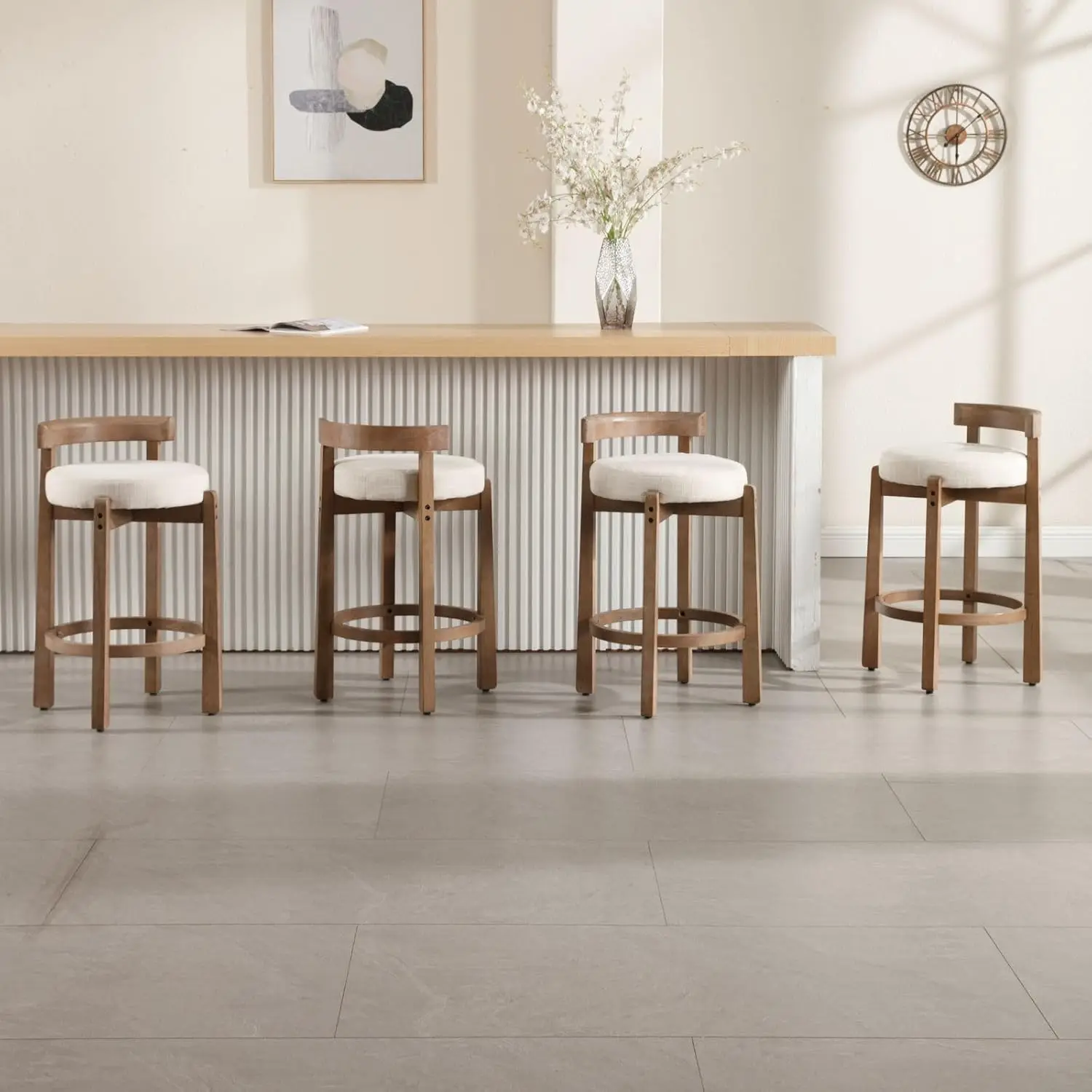 Mid Century Linen Counter Stools Set of 4, Upholstered 26.5” Seat Height Low Barstools with Natural Wood Legs Round Low Back