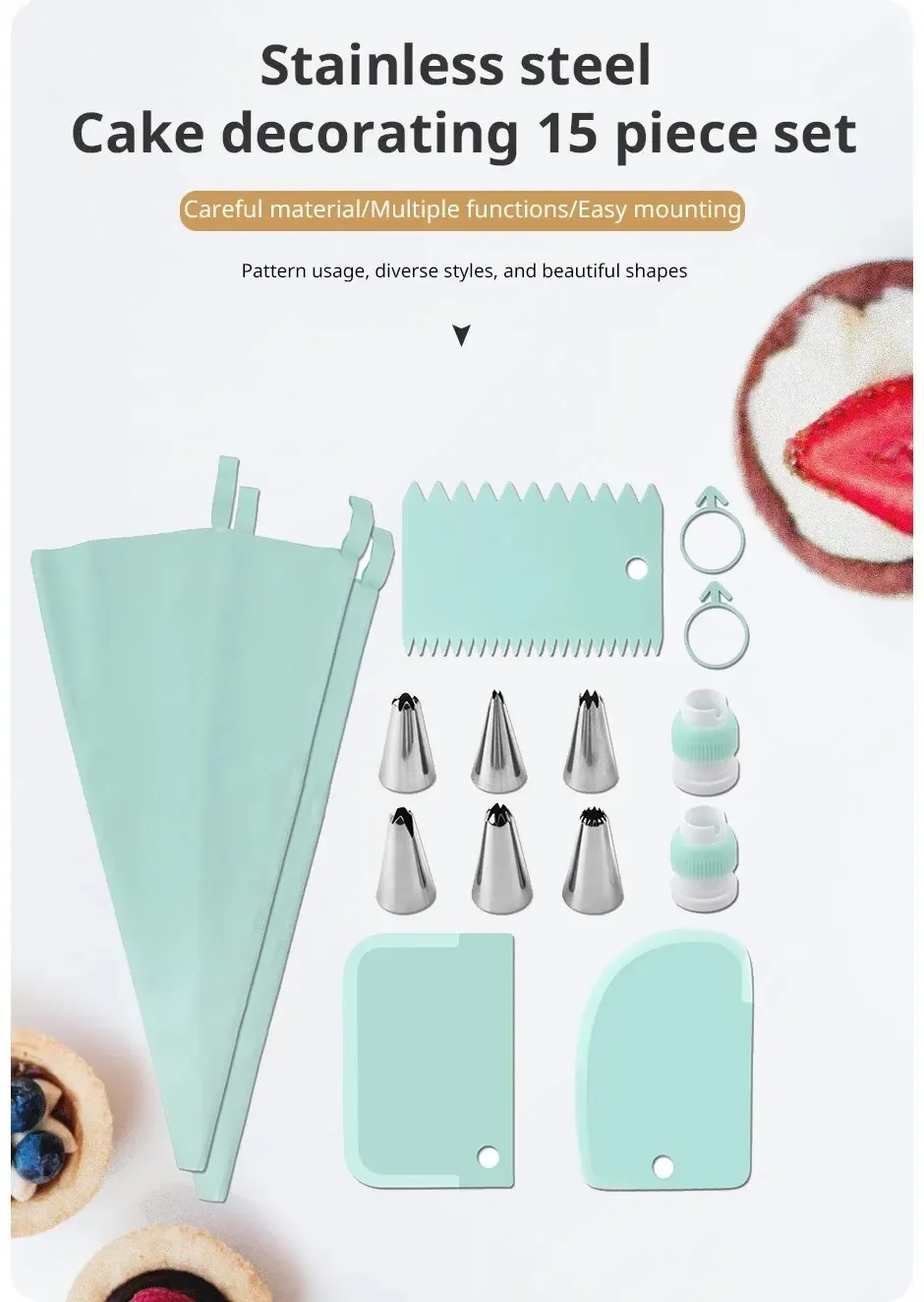 Description Picture 5 of itemNew 15PCS Stainless Steel Baking Icing Nozzle Set Plastic Scraper Flower Bag Cream Spatula Household Baking Tools