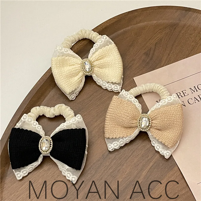 Pearl Gentle Style ~ Rhinestone Bowknot Hair Ring Korean Style Knitted Lace Back Head Hair Rope Pearl Grace Hair Accessories 2 pcs retractable keychain rhinestone badge reel surface zinc alloy office id cards clip buckle nurse ring accessories for desk