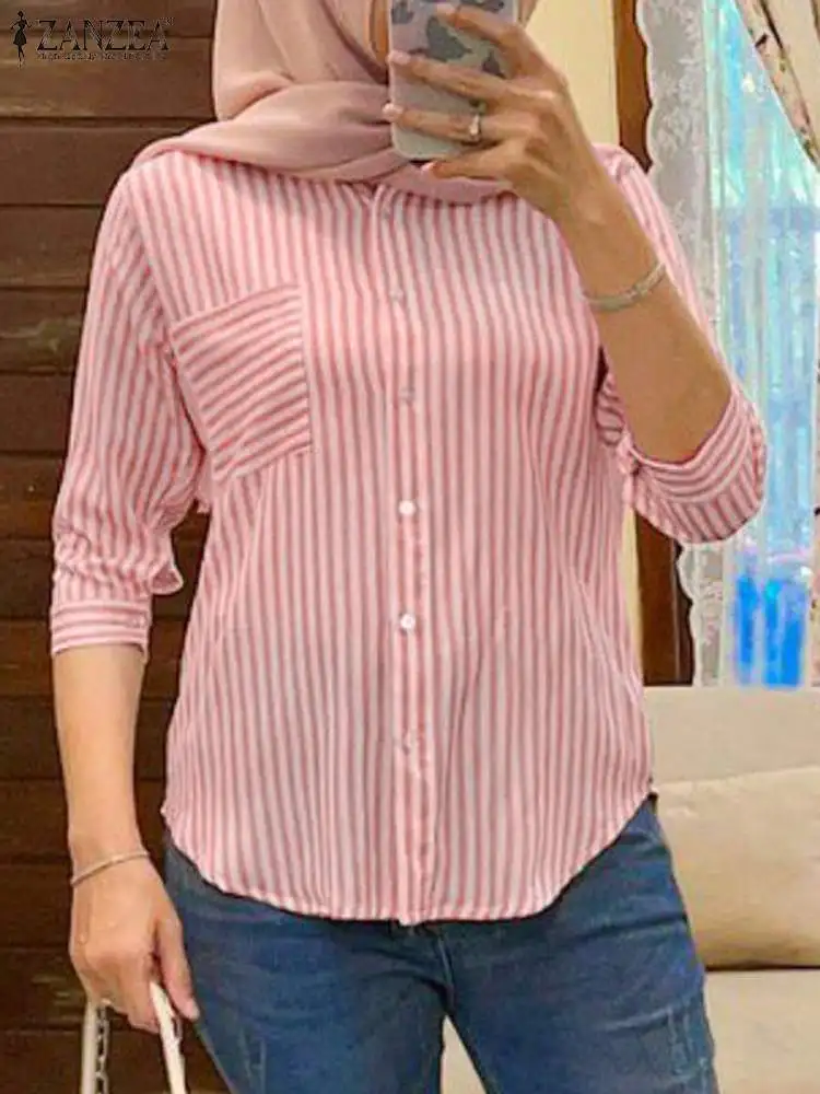 

ZANZEA Bohemian Casual Striped Printed Blouse Spring Holiday Chemise Vintage Eid Mubarek Shirt O Neck 3/4 Sleeve Muslim Blusas