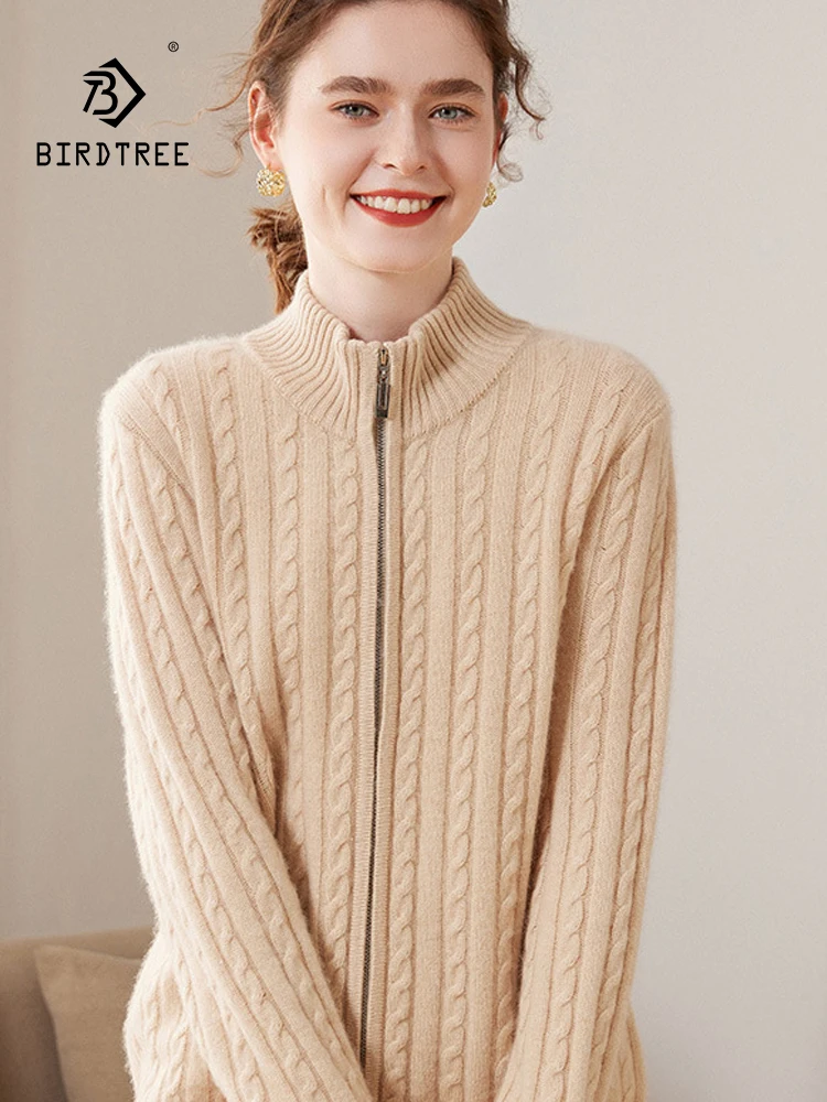 

BirdTree 65% Wool 35% Cashmere Simplicity Cardigan, Women Zippers Long Sleeve, Casual Fashion Soft Coat, 2024 Spring T41019QC