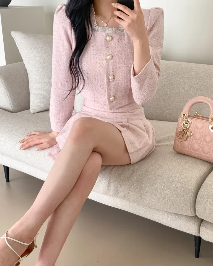 Korean Fashion Elegant Tweed Short Jacket Cropped Coats + High Waist Mini Skirts Suits Autumn New Slim Women Two-Piece Sets