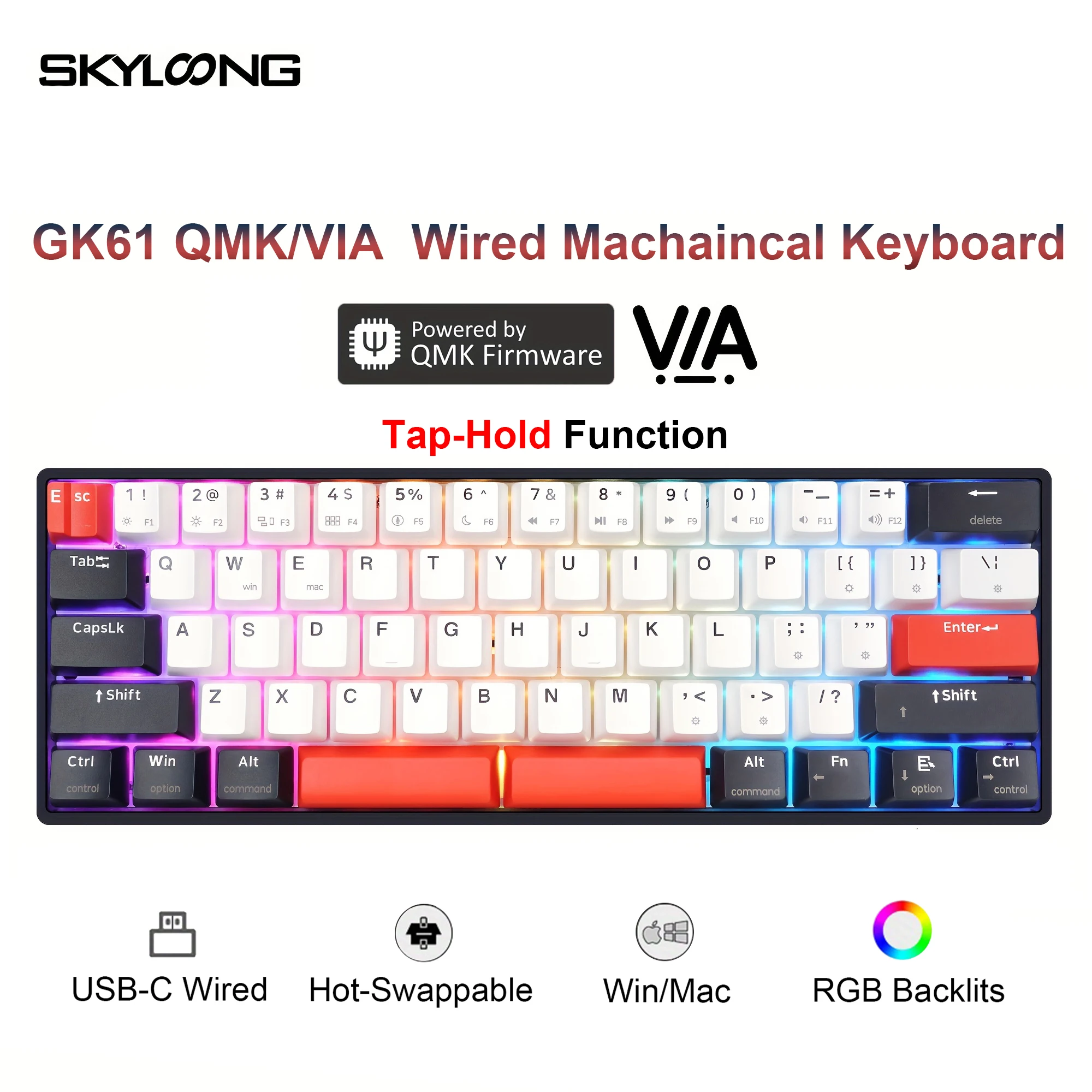 SKYLOONG GK61 QMK/VIA 有線キーボード USB-C 接続 60
