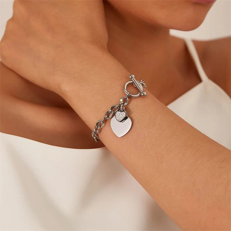 GANPUP 316L Edelstahl Doppel Herzen Strass Charms Armband für Frauen Textur Trendy Handgelenk Kette Schmuck Bijoux Femme – Detail 5