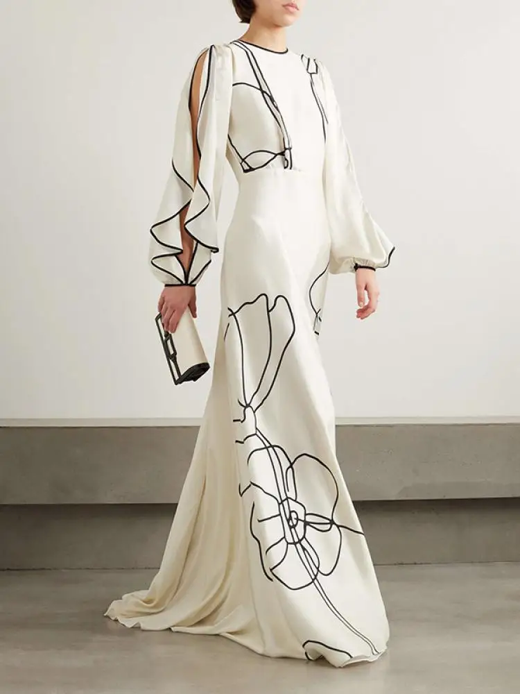2026 Women White Black Line Printed Maxi Dress Round Neck Ruffle Sleeve High Waist A Line Pleated Stylish Party Dress 1