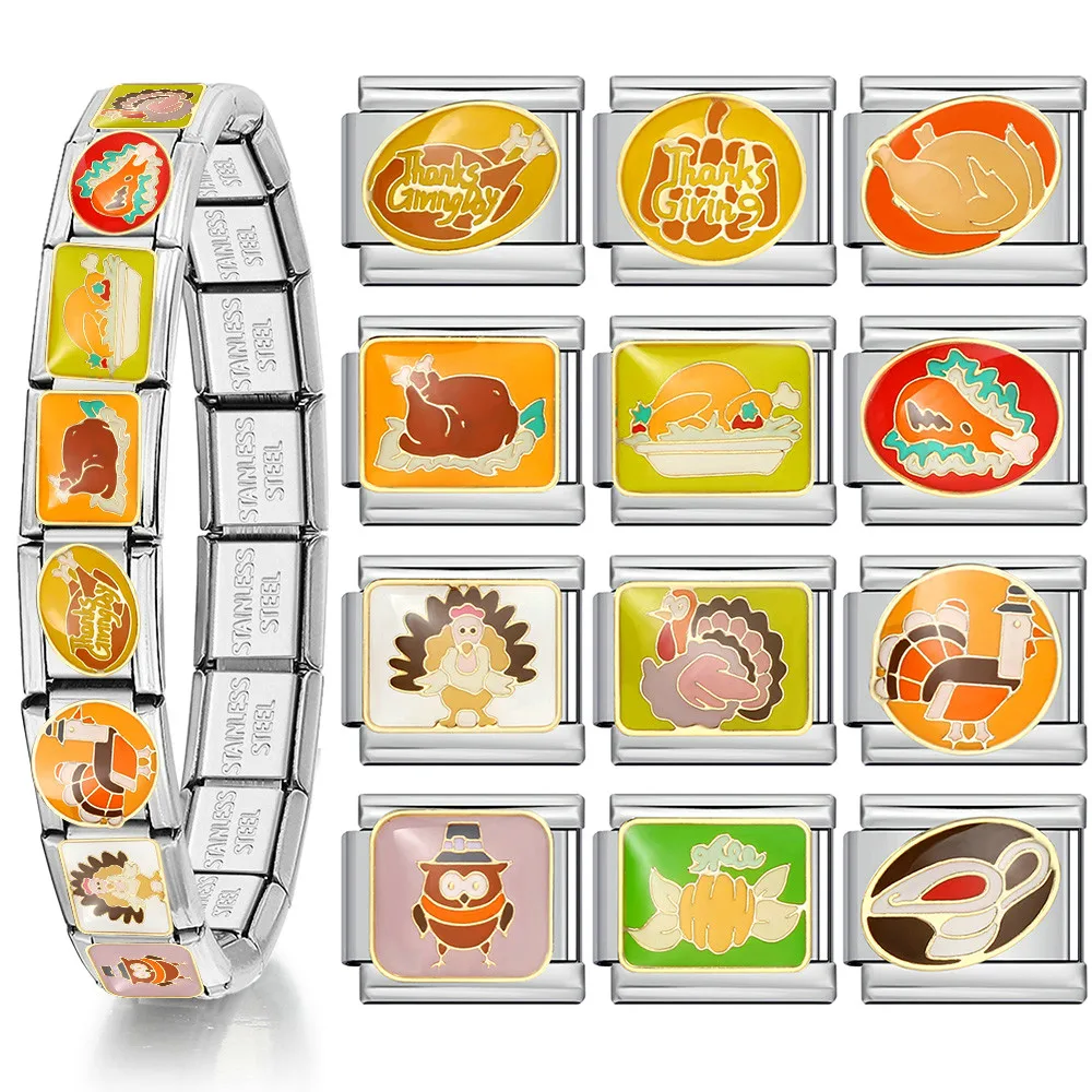 1pc Y2K Thanksgiving Day Geschenk Italienische Charm Armband Edelstahl Nette Türkei Kürbis Elastische Link Kette DIY Herstellung Von Schmuck – Detail 6