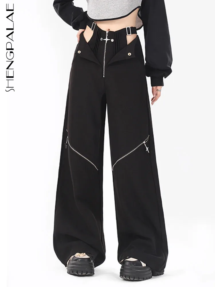 

SHENGPALAE Fashion Women Cargo Pants Hollow Out Waist Multi-zipper Straight Versatile Casual Trousers Autumn 2023 New Tide R7286