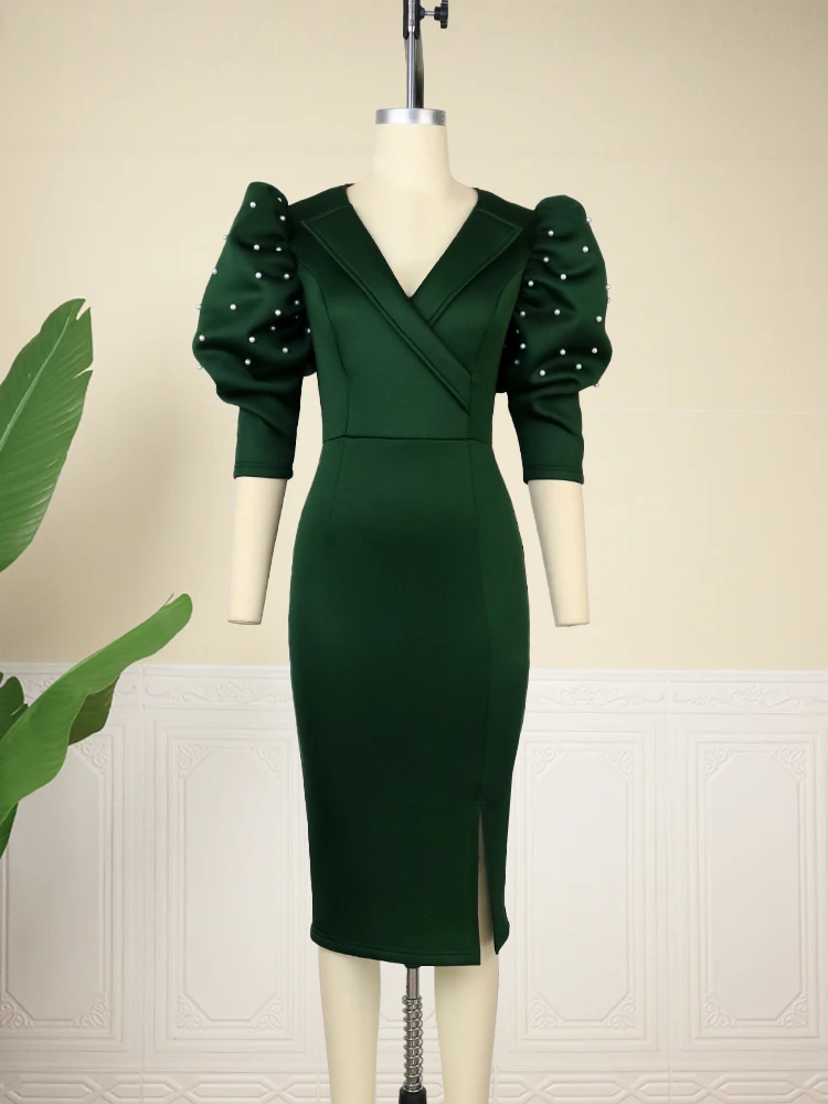 AOMEI V Neck Midi Dresses for Ladies Half Puff Sleeve Dark Green High Waist  Bodycon Slit Elegant Office Work Evening Party Gowns - AliExpress 200000345