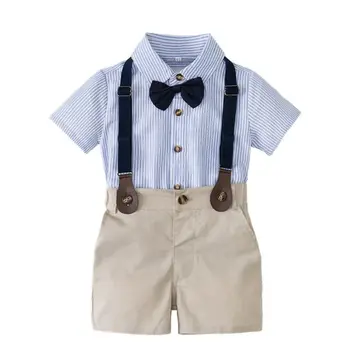 Summer Romper Clothes Set For Baby Boy With Bow Hat Gentleman Striped Suit Boys Children's Shirt Short Sleeve Shorts 2 Piece 1