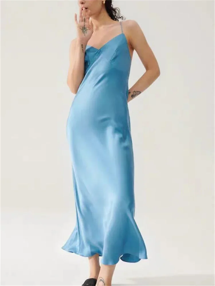 

Camisole for Ladies 2024 New Summer Silk Open Back Lace Up Slim Fit Sexy Sleeveless Sling Long Robe