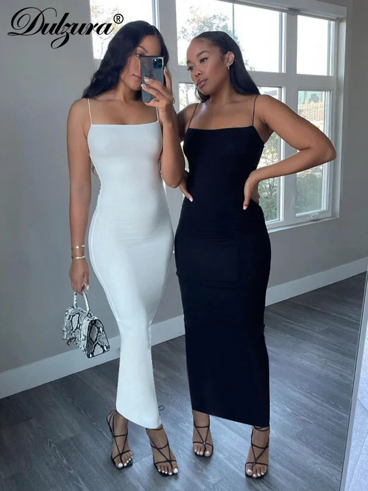 

2023 Autumn Winter Women Solid White Black Strap Midi Dress Bodycon Sexy Streetwear Party Club Elegant Fashion Clothes