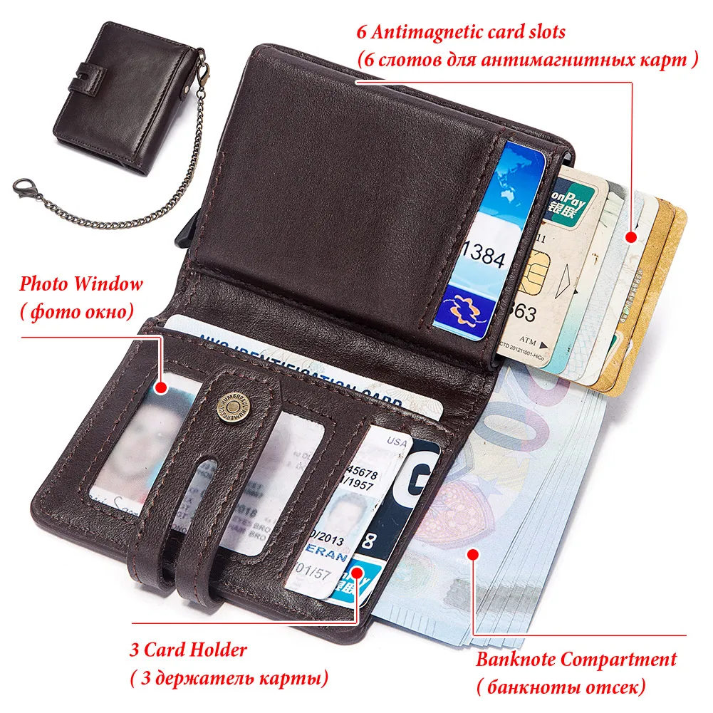 Men's Genuine Leather RFID Credit Card Holder Wallet - Sleek Business Card Case with Smart Aluminum Pop-Up Feature