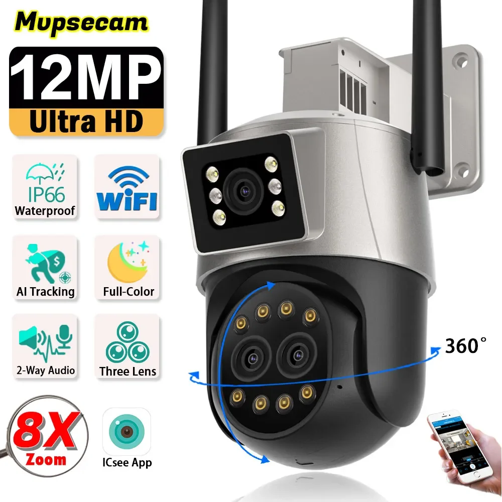 12MP 8X Zoom PTZ WiFi Camera Three Lens Dual Screen Color Night Vision Outdoor Security IP Camera CCTV Surveillance Camera ICSEE