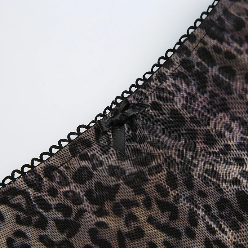 Retro Brown Leopard Y2K Long Skirts Women Lace Trim Hem Two Layers Mesh Vintage Aesthetic Elegant Fashion Women Clothing