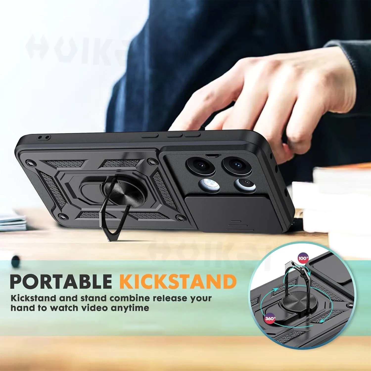Shockproof Armor Phone Case with Slide Camera Protector and Kickstand