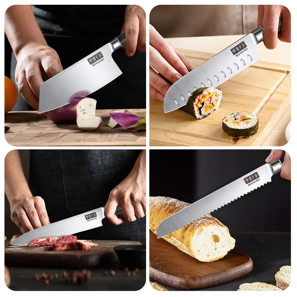 MDHAND 7-teiliges Küchenmesser-Set mit schwarzem Rosenholzgriff, Edelstahl Japanisches Kochmesser, Santoku, Brotmesser, Ausbeinmesser – Detail 6