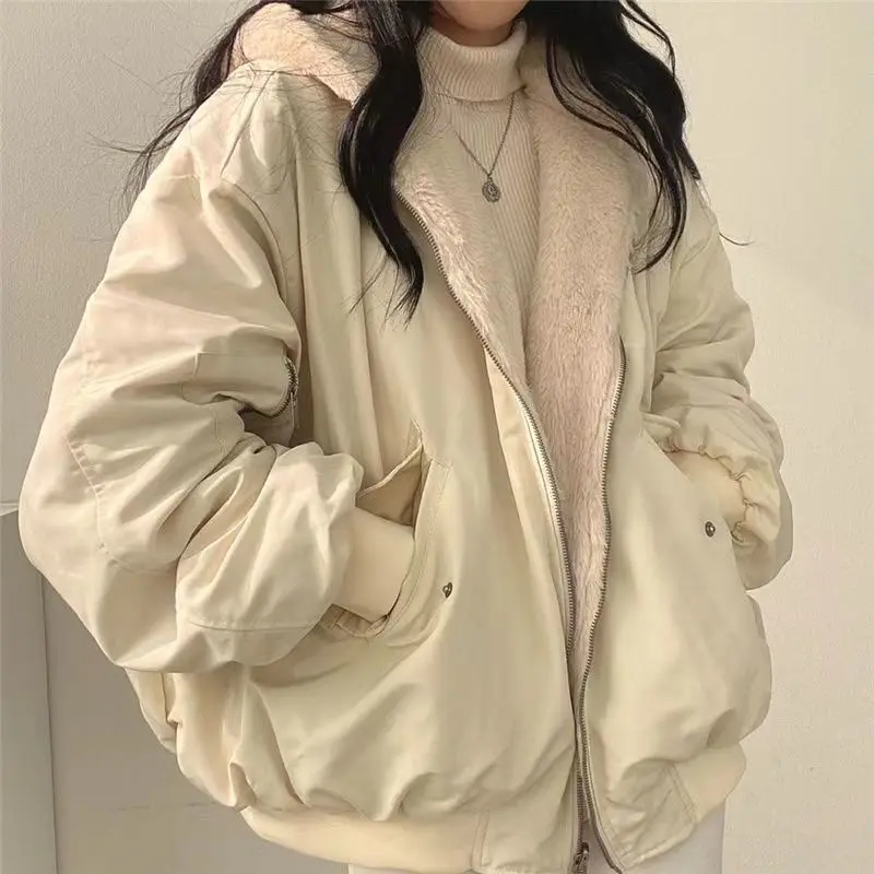 Winter Fleece Parkas Women Korean Fashion Double Sided Hooded Coat Female Oversized Casual Loose Zip Up Thicken Plush Jackets fashion winter pink vest jackets solid color warm cotton coat stand collar zipper double sided jacket women parkas streetwear