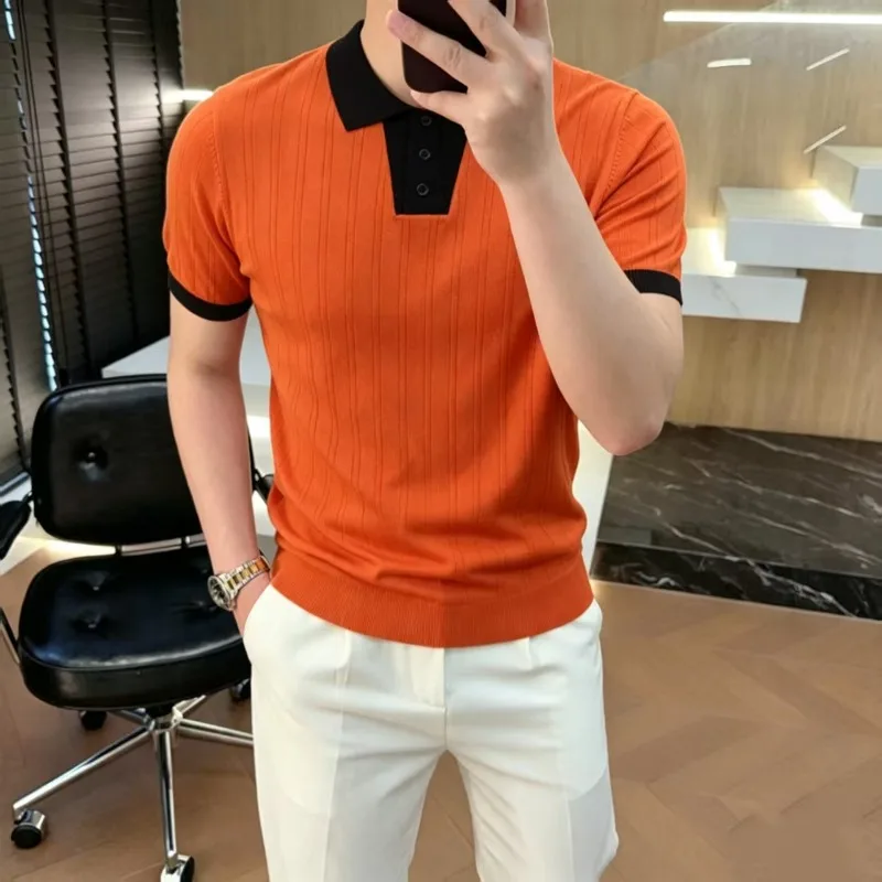 Polo in maglia di lusso estiva 2026 da uomo, a maniche corte, casual, elegante, con inserti, per affari e occasioni sociali, abbigliamento uomo - immagine 4