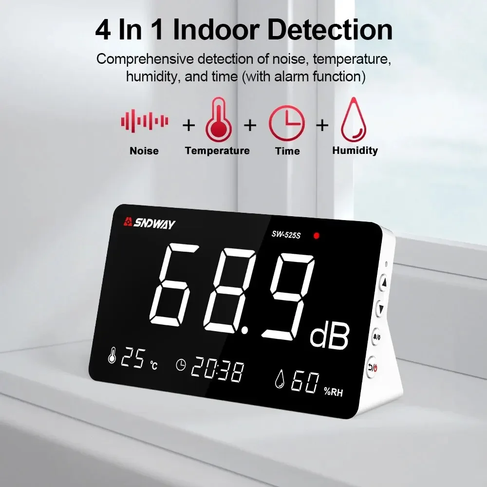 SNDWAY 4 in 1 Decibel Meter Sound Level Meter 30dB to 130dB Audio Noise Monitoring Tester with Temperature Humidity Meter / Time 3