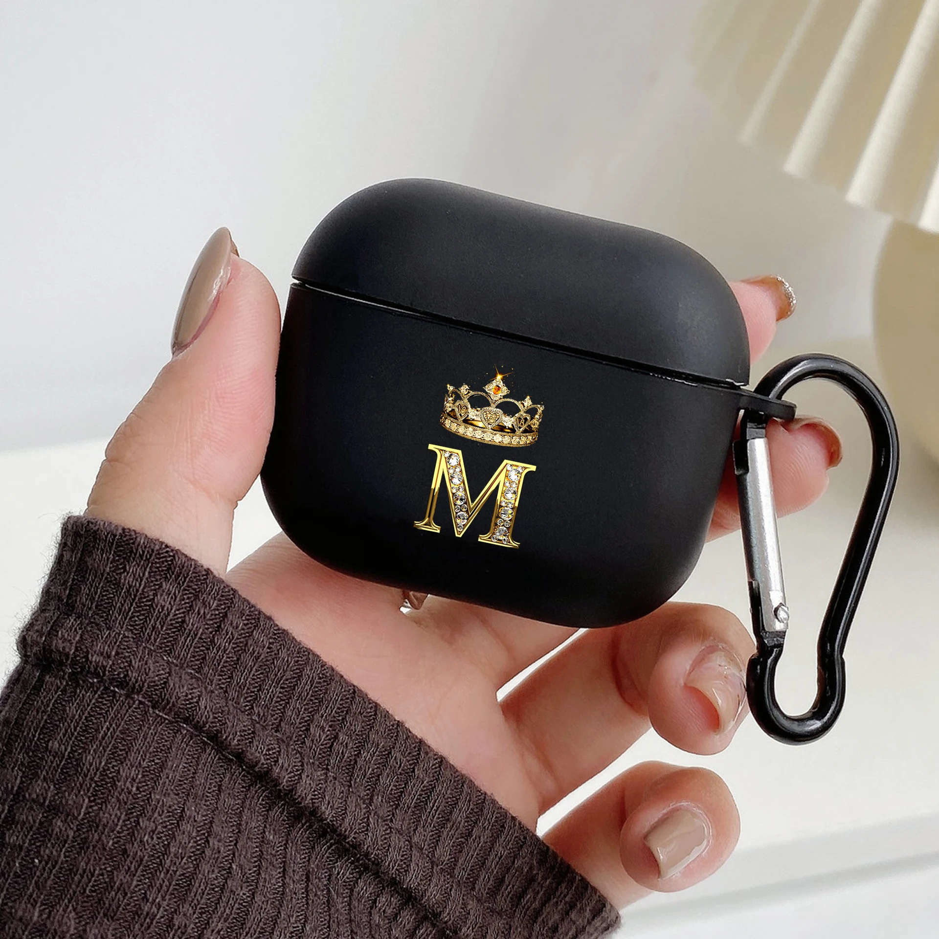 Diamond Crown Letter Hook Case - Black TPU Soft Earphone Cover