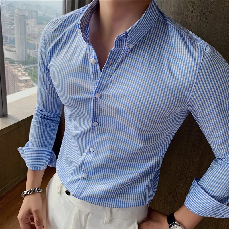 

British Style Plaid Shirts Men Fashion Long Sleeve Slim Casual Shirt Business Formal Dress Shirts Social Party Tuxedo Blouse