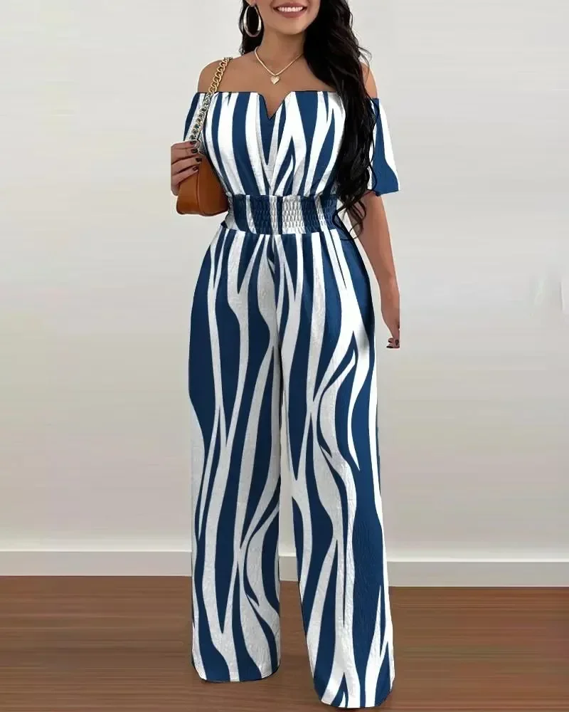 

Jumpsuit for Woman 2023 Overalls Printed Wide Leg Female Sexy Slash Neck Off-shoulder High Waist Jumpsuits Women One Piece